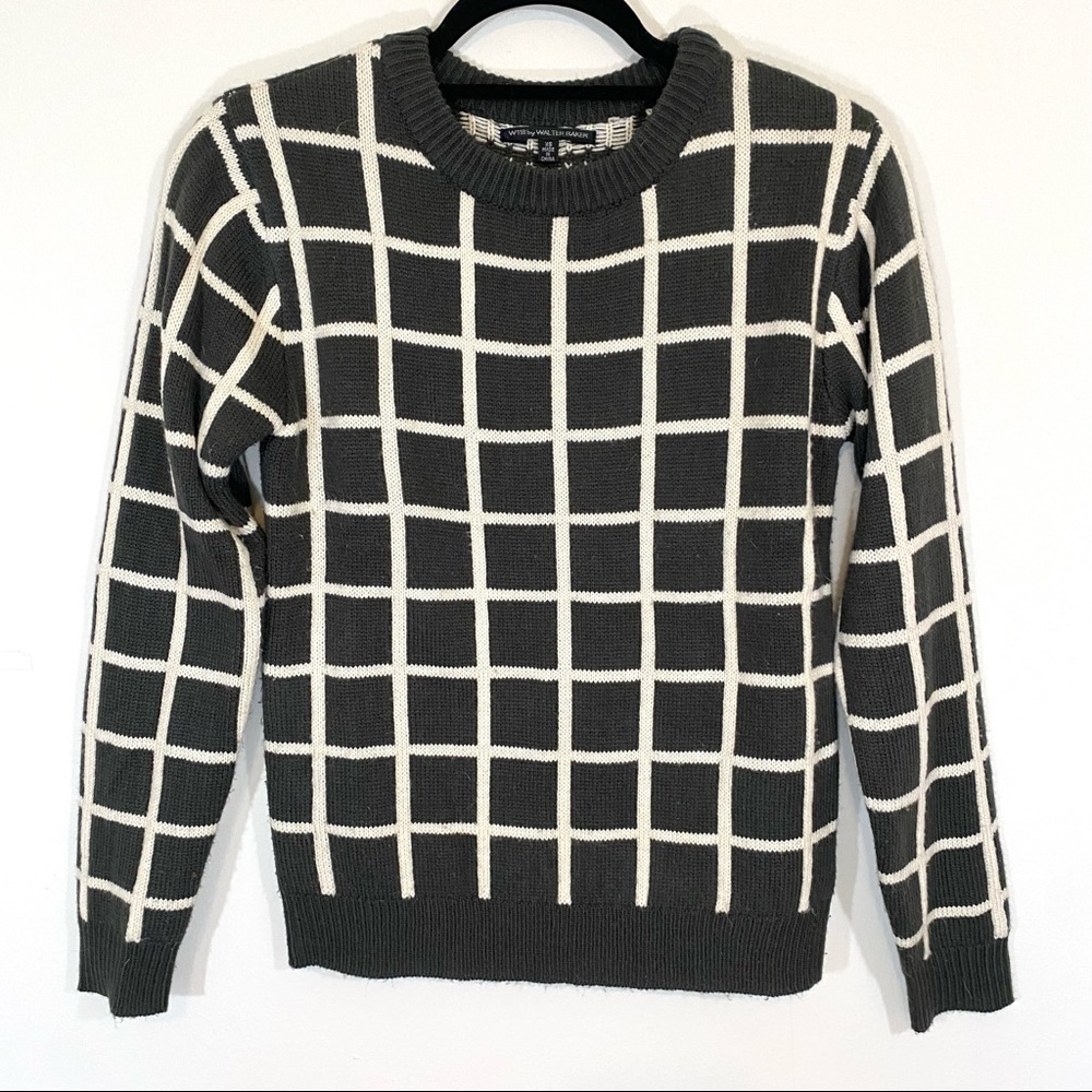W118 by Walter Baker Windowpane Plaid Grey Gray White Acrylic Sweater Crew XS